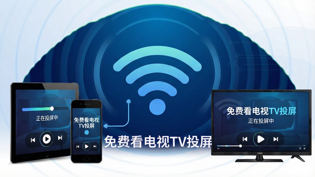 主体:一个无线网络信号图标,旁边连接着手机、平板和电视,三台设备屏幕上都显示“免费看电视TV投屏”应用界面,并有“正在投屏中”的提示文字。布局:信号图标位于画面中央,三台设备呈扇形分布在其周围,背景为深蓝色科技感渐变。排版:设备屏幕上显示虚拟进度条和播放控制按钮,文字“免费看电视TV投屏”以白色字体显示在信号图标下方。风格:科技感插画风格,线条流畅,色彩鲜明。细节:无线信号以同心圆波纹体现,设备屏幕上的画面内容和电视保持一致。画质:高清,干净,无多余元素。