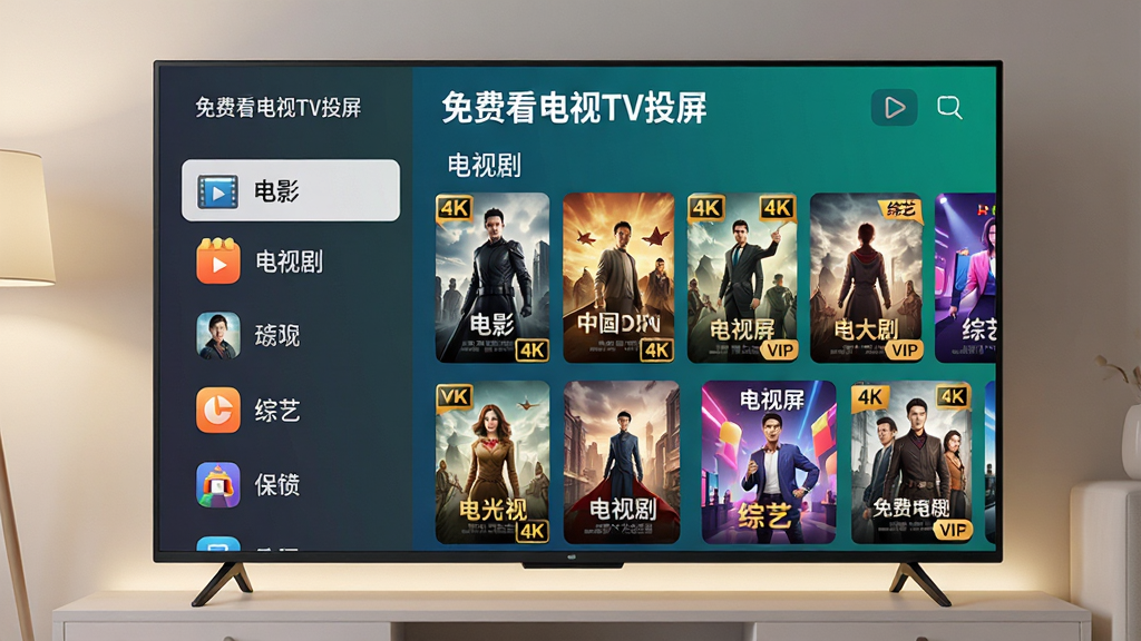 主体:电视屏幕展示“免费看电视TV投屏”的影视资源库界面,分类标签如“电影”、“电视剧”、“综艺”清晰可见,每个分类下都有精美的海报缩略图。布局:电视屏幕占据画面中央,周围有微弱的客厅环境光,背景简洁。排版:界面采用左右分栏设计,左侧是分类列表,右侧是海报墙,应用名称“免费看电视TV投屏”作为标题在屏幕顶部。风格:扁平化UI设计风格,色彩鲜艳,图标圆润。细节:海报图片清晰,文字标签“4K”、“VIP”用小徽章样式标注在角落。画质:高清,干净,无多余元素。