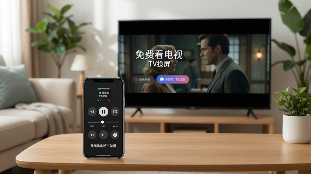 主体:一部手机和一台电视并排放在客厅茶几上,电视屏幕正在播放“免费看电视TV投屏”的应用画面,手机屏幕上显示投屏控制面板,有播放/暂停按钮和音量滑块。布局:手机和电视并排居中,背景为客厅沙发和绿植,光线自然明亮。排版:电视屏幕上的应用界面清晰可辨,手机屏幕下方的控制面板有“免费看电视TV投屏”字样。风格:写实生活风格,画面温馨,色调柔和。细节:电视画面显示电影场景,手机控制面板有进度条和清晰图标。画质:高清,干净,无多余元素。