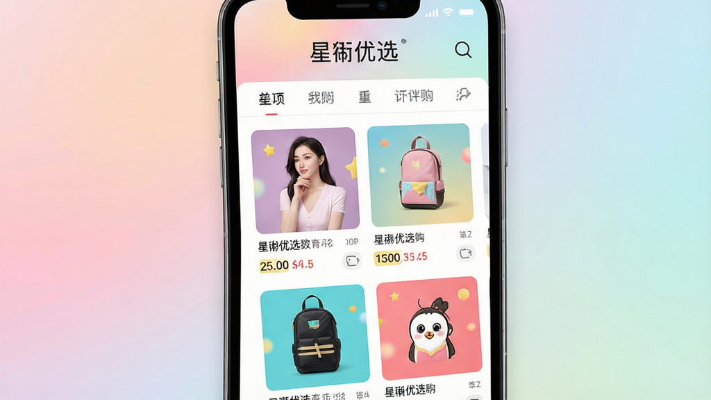 星珩优选购物应用主界面展示,智能手机屏幕内呈现精美商品列表与分类导航,背景为柔和渐变色,整体风格现代简约,界面布局清晰,商品图片高清,色彩鲜艳,主题文字“星珩优选”置于屏幕上方,画质细腻,干净无多余元素