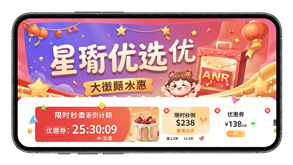 星珩优选优惠活动页面展示,手机屏幕呈现大促横幅、限时秒杀倒计时与优惠券列表,色彩明快,布局活泼,主题文字“星珩优选”清晰可见,风格喜庆,画质高清,无多余元素