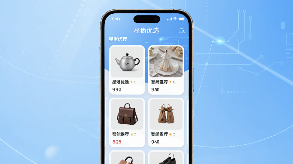 星珩优选智能推荐功能预览图,手机界面展示个性化推荐商品卡片,包含多种品类商品缩略图,布局整齐,背景为浅蓝色科技感渐变,界面现代,文字“星珩优选”点缀其中,画质清晰,无多余元素
