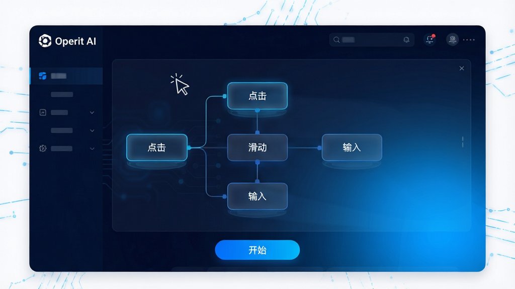 主体:Operit AI软件界面预览,展示自动化任务编辑流程,背景为深色科技感UI,中央是流程图节点连接,节点上标有“点击”“滑动”“输入”等中文动作标签,左上角有“Operit AI”白色logo。布局:界面截图为主,四周留白,底部有开始按钮。排版:清晰分层,功能区块分明。风格:现代科技风,深蓝与亮蓝渐变。细节:节点带有发光边框,面板半透明,文字清晰。画质:4K高清,干净无多余元素。