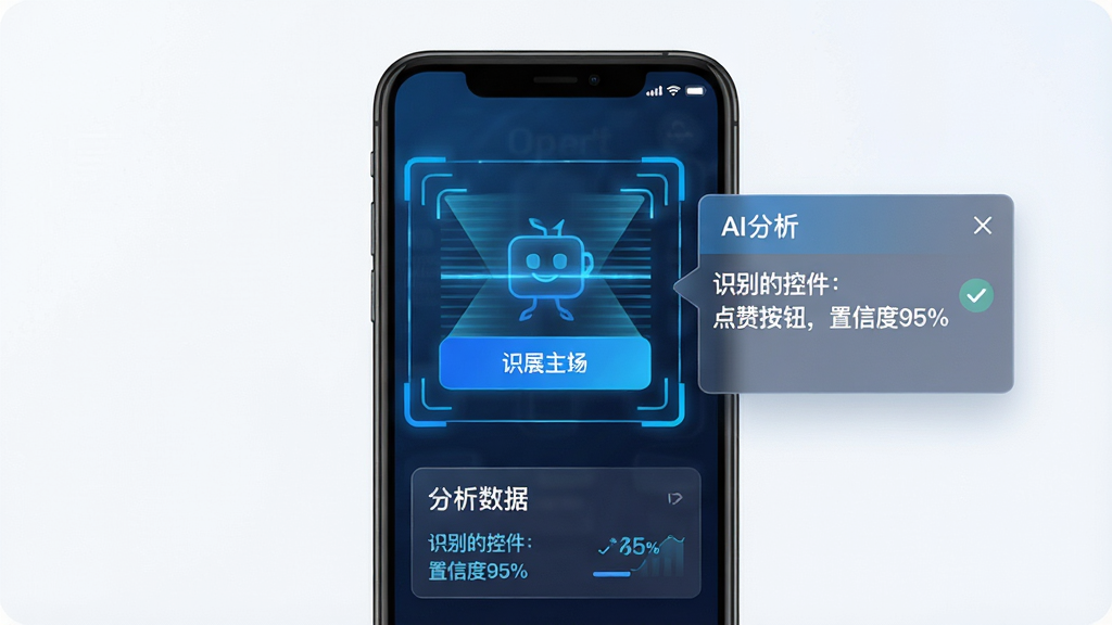 主体:Operit AI AI识别功能示意图,手机屏幕被框选,高亮显示识别出的按钮位置,旁边弹出AI分析面板,显示“识别的控件:点赞按钮,置信度95%”。布局:手机屏幕居中,识别框浮动,下方有分析数据。排版:简洁直观,高亮区域醒目。风格:科技感,蓝色调为主。细节:识别框带扫描线效果,数据面板半透明。画质:高清,干净无多余元素。
