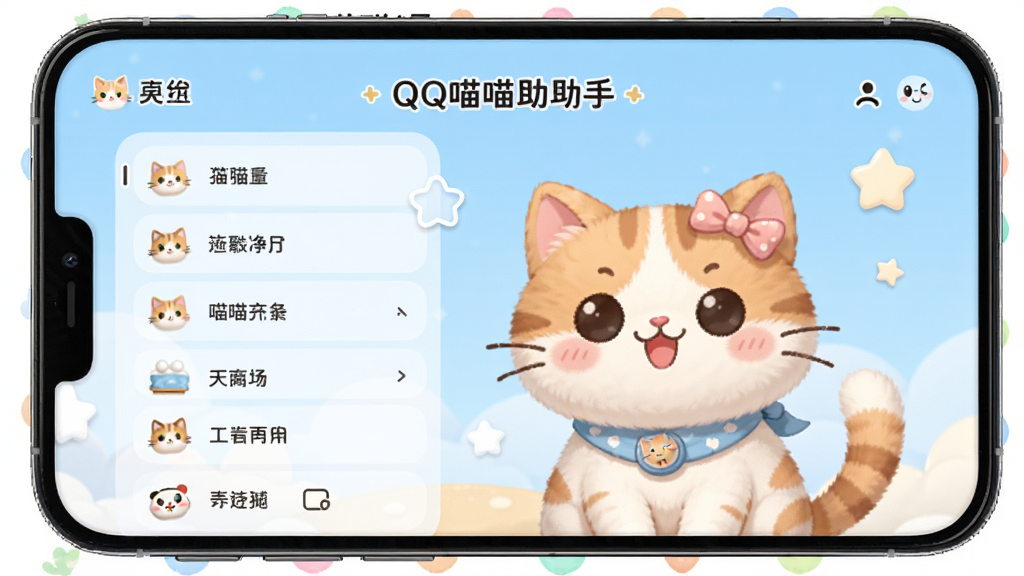 QQ喵喵助手主界面预览图,展示功能列表和可爱的猫咪主题风格,主体为手机屏幕截图,布局清晰,排版整齐,风格清新可爱,细节丰富,画质高清,干净无多余元素
