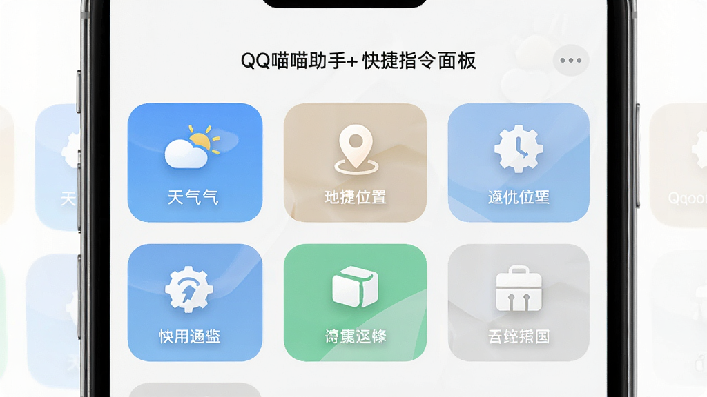 QQ喵喵助手快捷指令面板展示,包含天气、位置等图标按钮,主体为手机界面截图,布局整齐,排版有序,风格简约,细节精致,画质高清,干净无多余元素