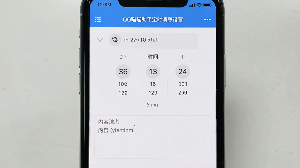 QQ喵喵助手定时消息设置界面,展示时间选择器和内容输入框,主体为手机界面截图,布局简洁,排版清晰,风格实用,细节真实,画质高清,干净无多余元素