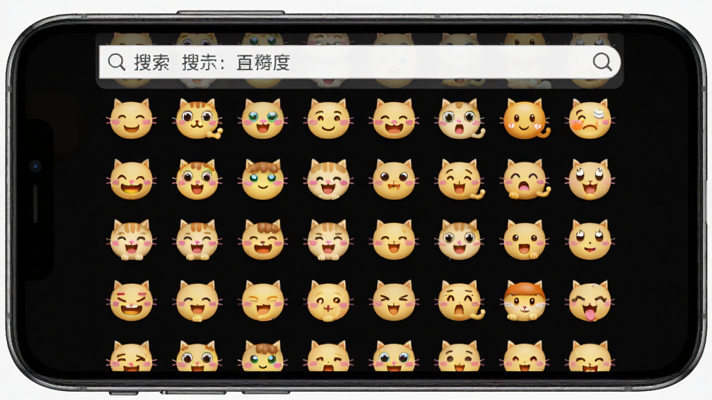 QQ喵喵助手表情管理功能展示,表情包网格排列,支持搜索框,主体为手机界面截图,布局美观,排版整齐,风格活泼,细节丰富,画质高清,干净无多余元素