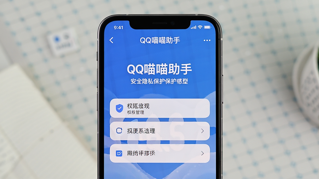 QQ喵喵助手安全隐私保护界面,展示权限管理选项,主体为手机界面截图,布局清晰,排版简洁,风格安全可靠,细节真实,画质高清,干净无多余元素