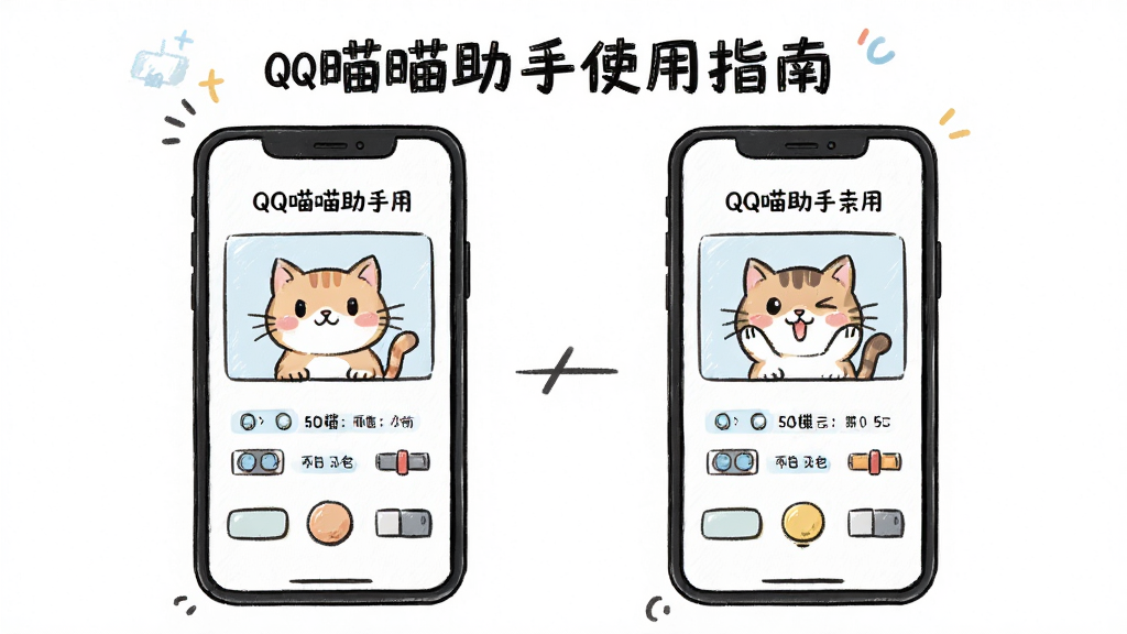 QQ喵喵助手使用指南操作流程示意图,展示手机操作步骤,主体为手绘风格图示,布局清晰,排版直观,风格简洁明快,细节丰富,画质高清,干净无多余元素