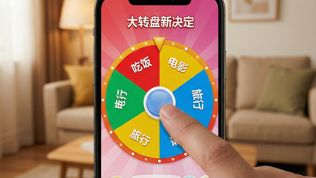 一张智能手机屏幕的特写,屏幕中央是色彩鲜艳的“大转盘新决定”应用界面,转盘被分为红黄蓝绿多个彩色扇区,每个扇区上印有白色文字如“吃饭”、“电影”、“旅行”,一只手指正轻触转盘中央的圆形按钮,背景是温馨的客厅环境,画质高清,光线柔和,干净无多余元素。