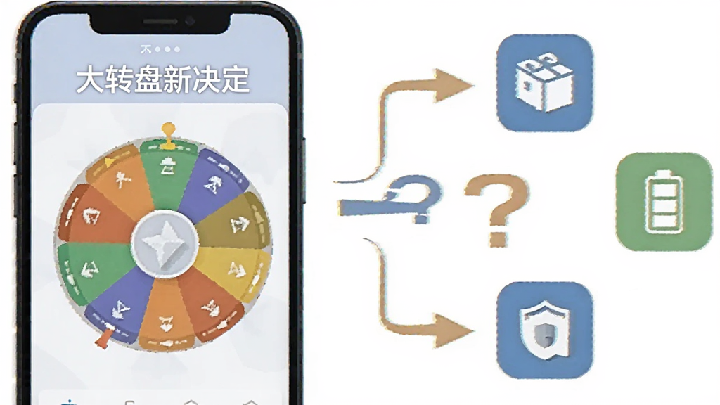 一张示意图,画面左侧是一部手机,屏幕上显示“大转盘新决定”的转盘界面,右侧是几个常见的手机设置图标(如存储、电池、安全),中间用箭头和问号连接,寓意解决使用中的问题,整体风格简洁明了,干净无多余元素。