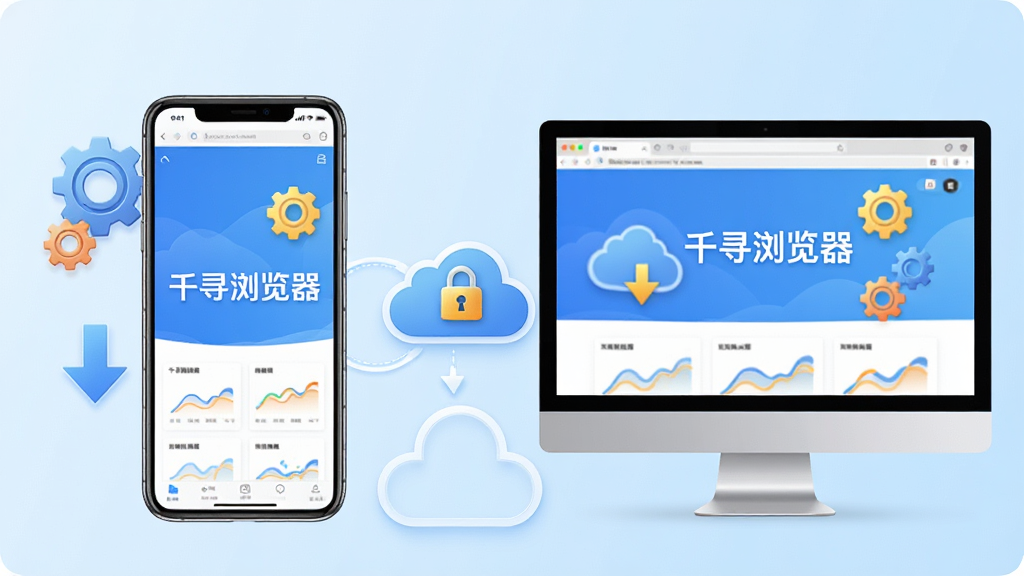 主体:手机与电脑并排显示千寻浏览器界面,屏幕上呈现“千寻浏览器”主页,周围有齿轮图标和下载箭头。布局:左右分屏,左侧是手机,右侧是电脑,中间以云同步图标连接。排版:对称式,背景为淡蓝色渐变。风格:写实与插画结合,明亮色调。细节:屏幕上显示“千寻浏览器”字样,云图标带有锁形标识,画面干净无多余元素。画质:高清渲染,细节清晰,无多余元素。