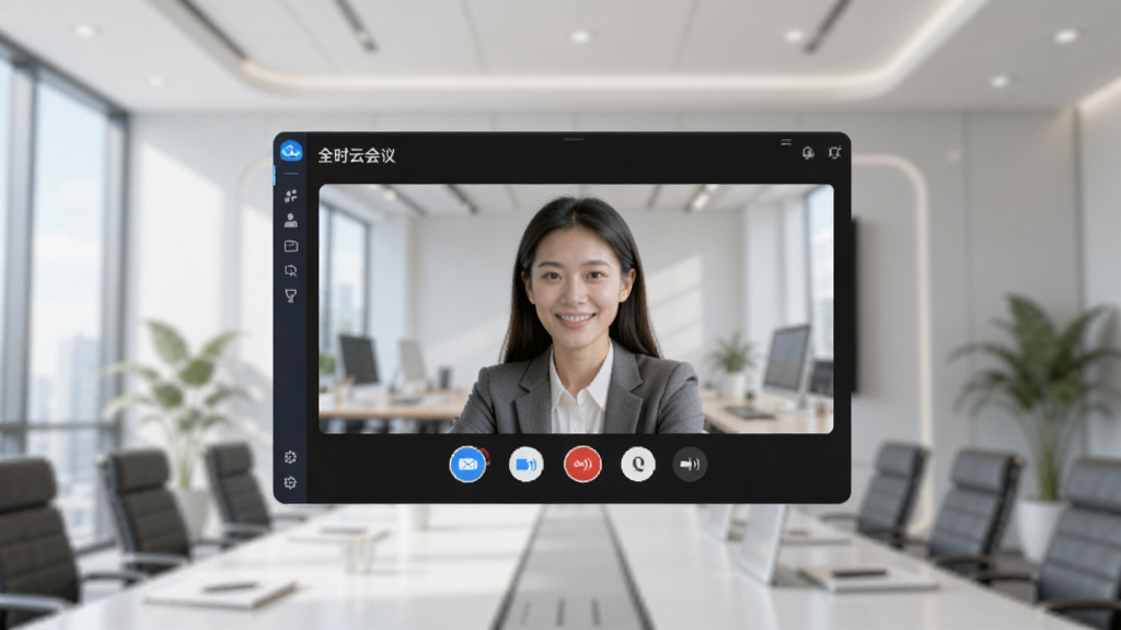 一张现代商务会议场景的3D渲染图,画面中央悬浮着全时云会议软件界面,界面显示高清视频通话窗口和功能图标,背景是模糊的办公室环境,整体风格简洁明亮,突出软件名称“全时云会议”,画质清晰干净,无多余元素