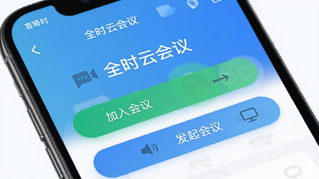 手机屏幕上显示全时云会议的会议邀请页面,有“加入会议”和“发起会议”两个大按钮,背景为简洁的渐变蓝色,配有小巧的图标,整体设计干净现代,突出软件名称“全时云会议”,画质高清