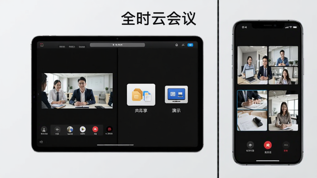展示全时云会议在平板和手机上的多端同步界面,画面分屏显示不同设备的会议画面,中央有文件共享和屏幕演示的图标,背景为浅灰色,整体风格商务简约,突出软件名称“全时云会议”,画质清晰