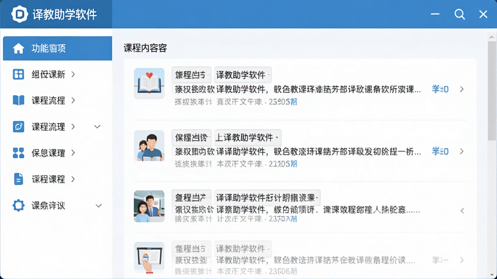 译教助学软件主界面展示,左侧为功能导航栏,右侧为课程内容列表,整体采用蓝白配色,界面简洁大方,图标清晰,布局合理,扁平化设计风格,高清画质,干净无多余元素