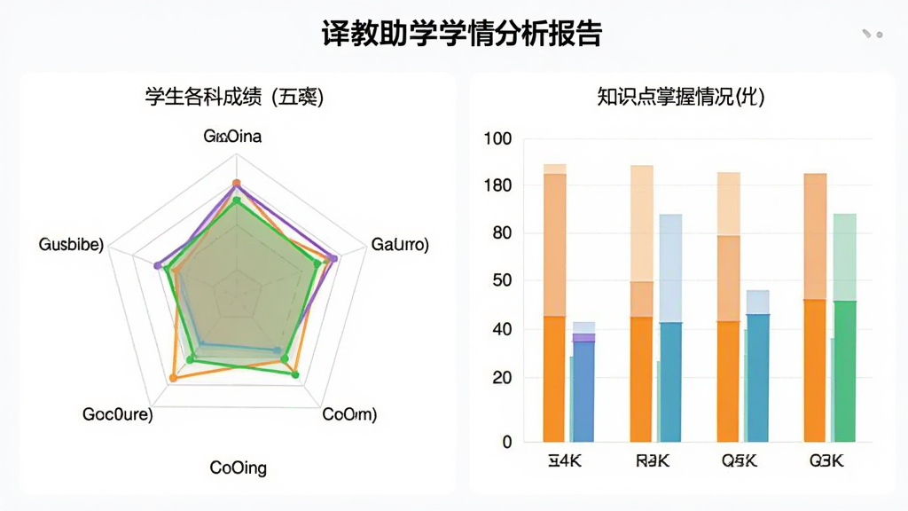 译教助学学情分析报告界面,以图表形式展示学生各科成绩雷达图,柱状图显示知识点掌握情况,背景为白色,图表色彩鲜明,数据清晰,界面专业,高清画质,无多余元素