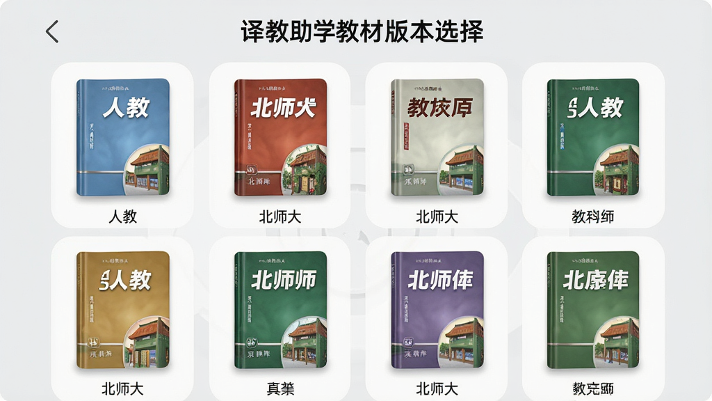 译教助学教材版本选择页面,展示多本不同封面的教材图标,排列整齐,背景为浅灰色,界面清新,图标立体感强,文字标注“人教”、“北师大”等字样,画质清晰,干净整洁