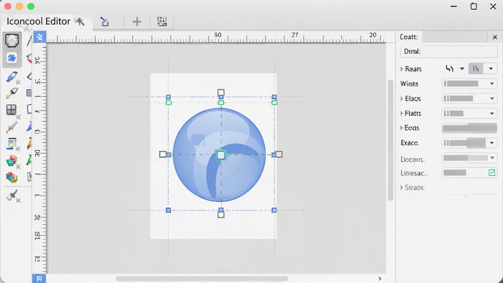 Iconcool Editor 主界面展示,左侧工具栏、中间画布、右侧属性面板,整体布局清晰,界面采用浅灰色调,图标设计软件风格,画布上有一个半透明蓝色圆形图标正在编辑,周围有标尺和辅助线,画质干净,无多余元素