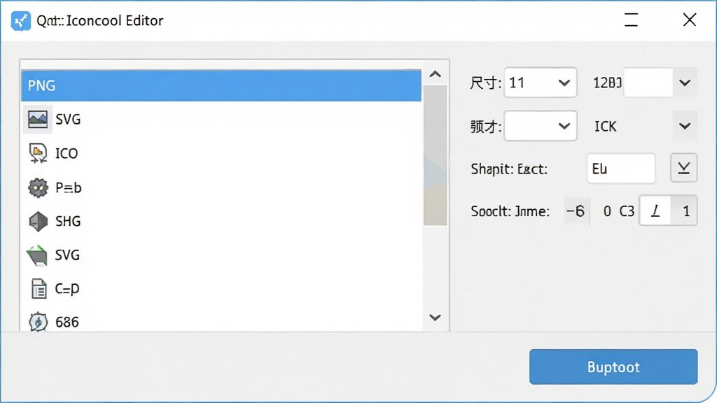 Iconcool Editor 导出设置窗口,显示格式列表PNG、SVG、ICO等,右侧有尺寸预设和缩放选项,底部为导出按钮,界面简洁明亮,扁平化设计风格,画质干净,无多余元素