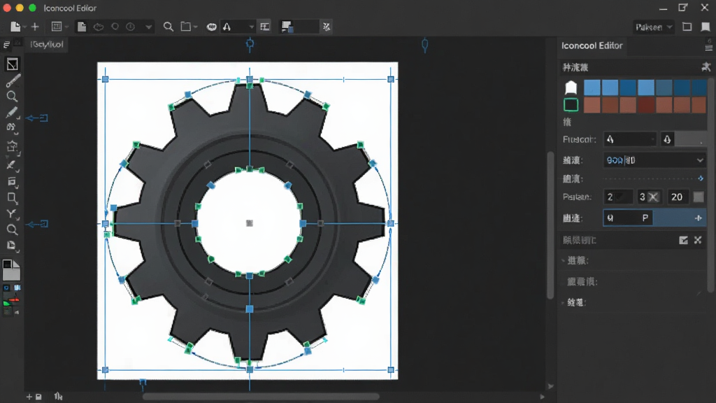 Iconcool Editor 矢量编辑界面,画布上显示一个正在编辑的齿轮图标,锚点与路径手柄清晰可见,右侧属性面板显示填充色与描边参数,背景为深灰色工作区,排版规整,风格简洁专业,画质高清,无多余元素