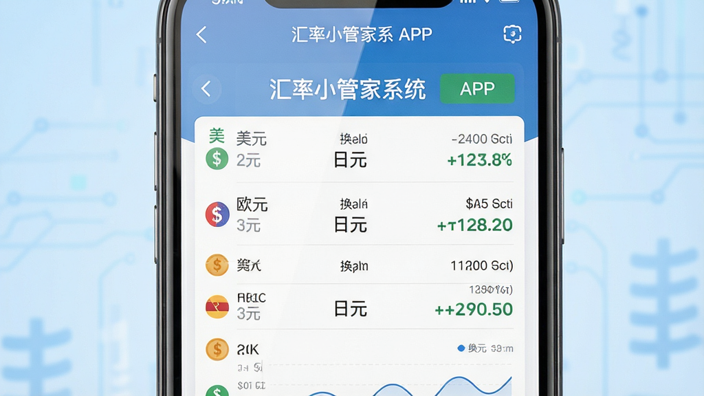 主体为一部现代智能手机屏幕特写,屏幕上清晰显示“汇率小管家系统”APP界面,界面中有美元、欧元、日元等多个币种的实时汇率列表与换算结果。布局采用居中构图,手机位于视觉中心,背景为柔和的浅蓝色渐变,营造出干净、专业的科技感。排版上,APP界面内的数据列表、图表元素清晰可辨。整体风格为扁平化设计,线条简洁明快。细节上,手机屏幕反光自然,币种数字显示清晰锐利。画质要求8K超高清,画面干净无多余元素。