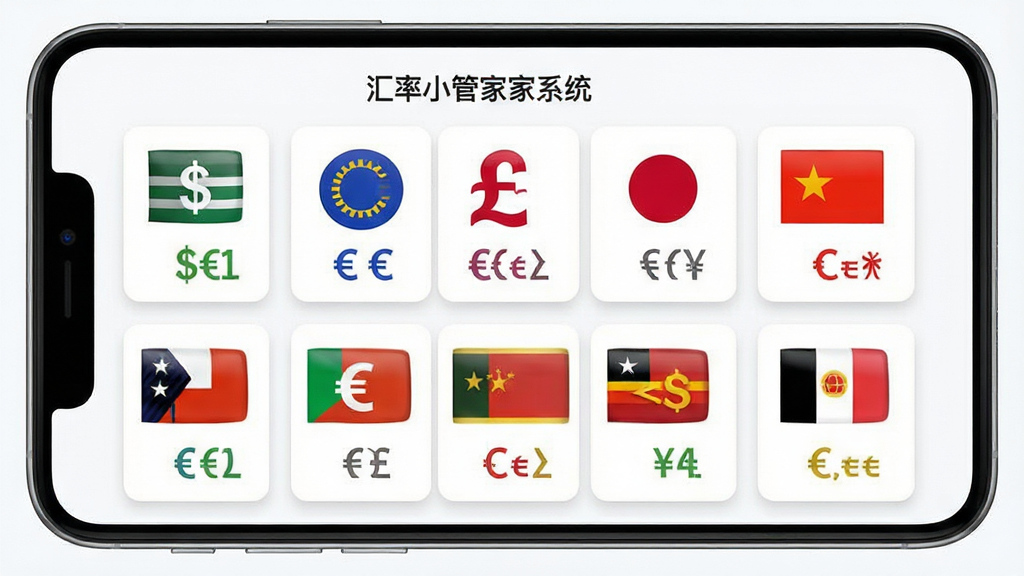 以“汇率小管家系统”多币种管理功能为主要内容的APP界面截图风格图片。主体是手机APP界面,界面上以卡片形式整齐排列着多个国家的国旗与对应货币符号,如美元、欧元、英镑、日元、人民币等。布局清晰,采用网格状排列。排版上,每个卡片大小一致,信息层级分明。风格为清爽的UI设计风格,背景为浅白色。细节上,卡片带有细腻的阴影效果,货币符号色彩鲜明。画质为高清,画面干净整洁,无多余元素。