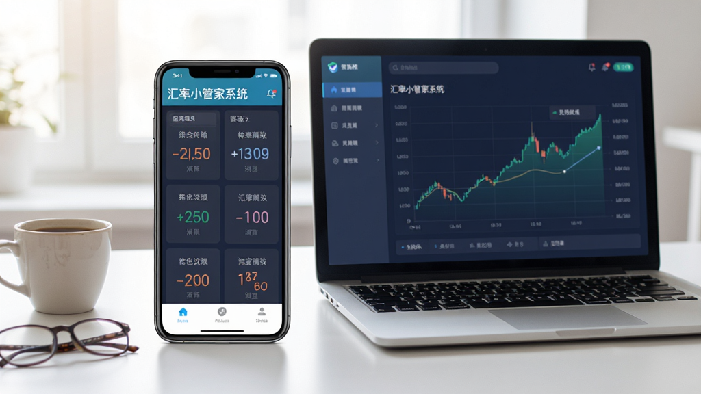 展示“汇率小管家系统”在手机与电脑上使用的场景。主体为一部手机和一台笔记本电脑并排放在桌面上,两个设备屏幕均亮起,显示着应用界面。布局为平视视角,设备平行摆放。排版上,手机屏幕上的汇率数字与电脑屏幕上的走势图形成对比。风格为写实的现代生活场景,光线明亮柔和。细节上,桌面有咖啡杯和眼镜作为点缀,画质清晰,画面干净无杂乱元素。