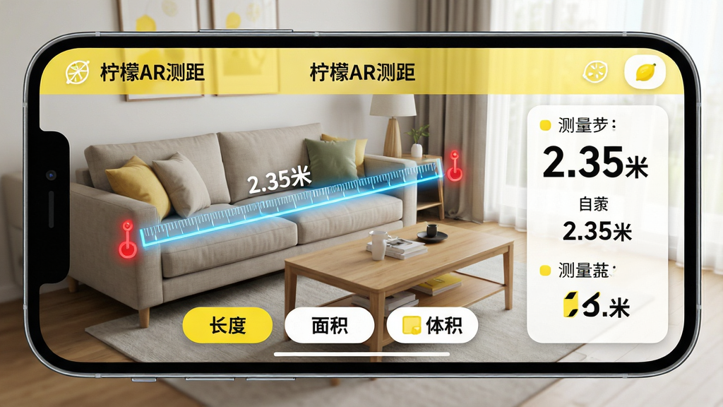 主体:柠檬AR测距软件主界面,手机横屏显示,屏幕中央有AR标尺测量物体长度,标尺刻度清晰,背景为室内客厅场景,沙发和茶几摆放整齐。布局:界面顶部有软件名称“柠檬AR测距”,底部有测量模式按钮(长度、面积、体积),右侧有测量数据面板。排版:现代简洁UI设计,图标圆润,色彩以柠檬黄和白色为主,数据面板字体大而醒目。风格:科技感与生活感结合,明亮通透,干净整洁。细节:标尺两端有红色锚点,测量的沙发宽度显示“2.35米”,测量线为发光蓝色。画质:超高清,4K,渲染精细,无多余元素。