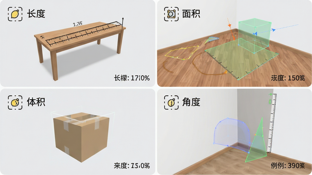 主体:柠檬AR测距软件多模式功能展示,屏幕划分为四个小窗口,分别显示长度、面积、体积、角度测量演示,每个窗口有对应的AR标尺和几何图形。布局:四宫格排列,每个窗口左上角有模式图标和名称,右下角有示例数据。排版:简洁明快,图标以线条风格绘制,背景为浅灰色。风格:教育感与实用感并重,色彩柔和,强调功能多样性。细节:长度窗口测量桌子长度,面积窗口测量地板区域,体积窗口测量箱子体积,角度窗口测量墙角角度。画质:高清,干净,无多余元素。