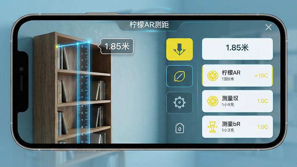 主体:柠檬AR测距软件测量功能演示,手机屏幕显示书架高度测量,AR标尺从书架底部延伸到顶部,标尺线为蓝色发光线条,数据标签“1.85米”悬浮在书架上方。布局:屏幕左侧为书架实物,右侧为功能按钮和测量历史记录列表,顶部有“柠檬AR测距”字样。排版:界面简洁,功能图标线性风格,数据展示卡片式设计。风格:科技感,冷色调背景,搭配柠檬黄点缀。细节:书架纹理清晰,AR标尺刻度精细,数据标签有白色描边。画质:高清,干净,无多余元素。