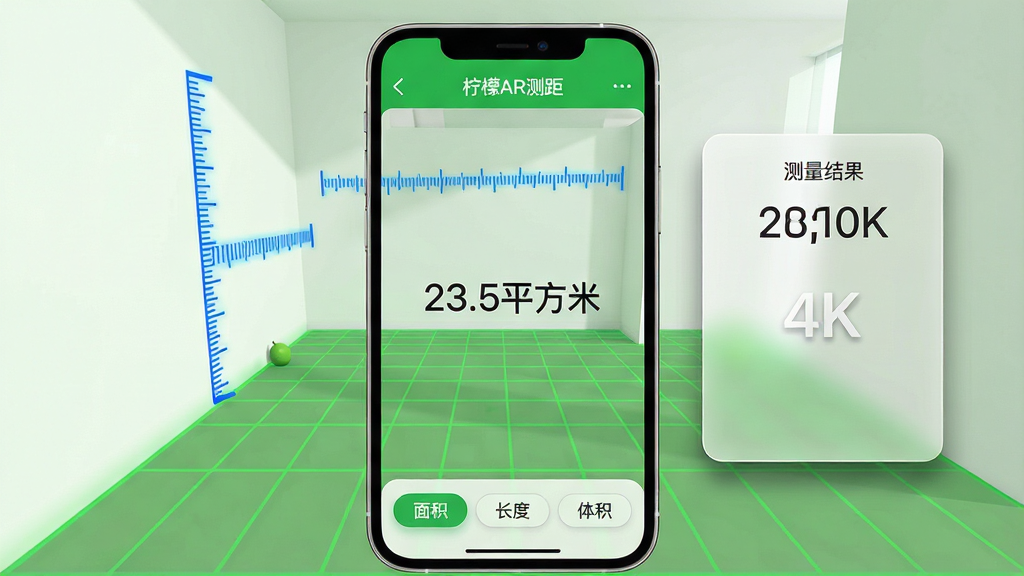 主体:柠檬AR测距应用在手机上运行,屏幕显示测量房间面积的界面,地面上有绿色网格,墙壁上有AR标尺,测量数据“23.5平方米”显示在屏幕中央。布局:手机竖屏,界面顶部有“柠檬AR测距”字样,底部有面积、长度、体积切换按钮,右侧有测量结果面板。排版:简洁现代,数据面板半透明毛玻璃效果。风格:明亮清新,绿色和白色为主色调。细节:网格线清晰,标尺线为蓝色,数据面板带有阴影。画质:4K高清,干净,无多余元素。