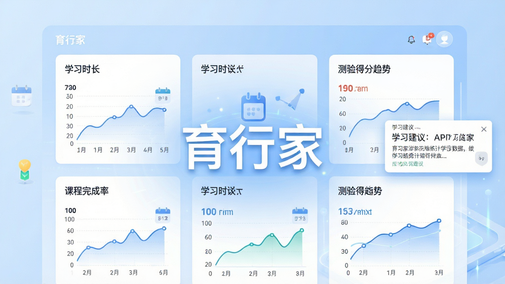 育行家APP学习数据统计页面展示,以数据图表形式呈现学习时长、课程完成率与测验得分趋势,背景为淡蓝色渐变,页面中央醒目地标注“育行家”品牌名称,布局采用卡片式排列,风格简洁科技感,细节包含日历打卡标记与学习建议弹窗,画质清晰干净,无多余元素。