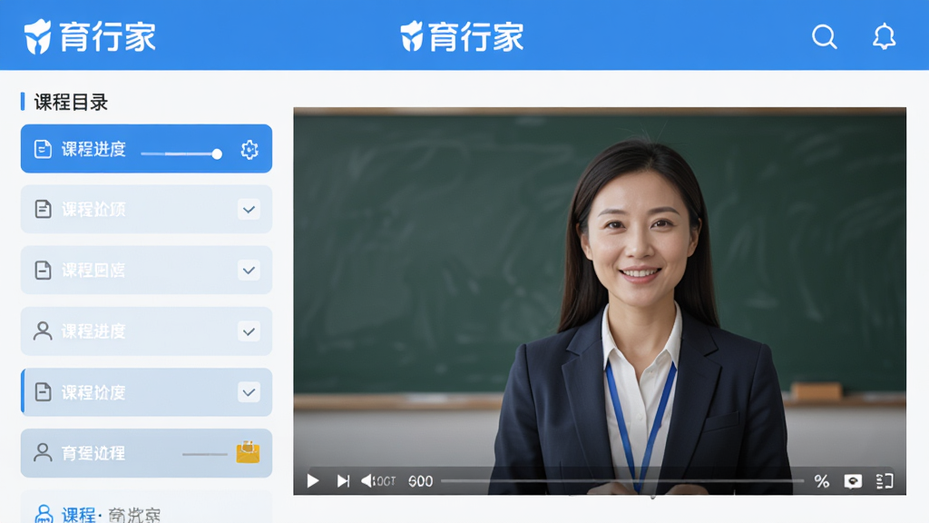 图片以育行家APP课程学习页面为主体的横版截图展示,左侧为课程目录列表,右侧为高清视频讲解画面,教师形象专业亲切,页面顶部显示“育行家”品牌标识,整体布局清晰有序,采用蓝白主色调的扁平化设计风格,细节包括课程进度条与笔记标注功能,画质明亮干净,无多余元素。