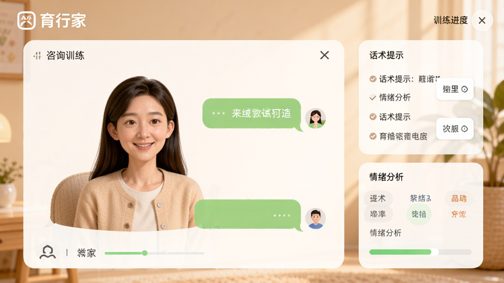育行家APP模拟咨询训练界面,画面展示用户与虚拟来访者对话的聊天窗口,右侧提供话术提示与情绪分析工具,背景为柔和暖色调,整体布局左右分明,风格温馨专业,细节突出“育行家”品牌标识与训练进度指示,画质柔和干净,无多余元素。