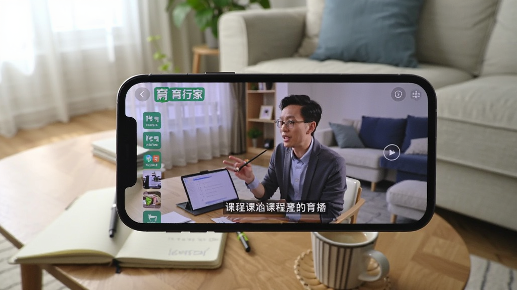 育行家APP在手机上播放课程视频的实拍画面,手机横屏放置,屏幕显示讲师授课画面与字幕,背景为明亮的客厅环境,茶几上摆放着笔记本和咖啡杯,整体布局突出手机屏幕内容,采用自然光拍摄,风格真实生活化,细节清晰展现“育行家”APP界面,画质干净无多余元素。