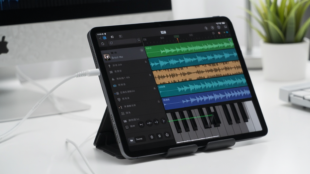 用户正在使用平板电脑上的栖音App连接MIDI键盘进行创作,画面中平板支架稳固,界面显示多轨录音编辑波形,环境明亮整洁,风格写实,画质干净,无多余元素