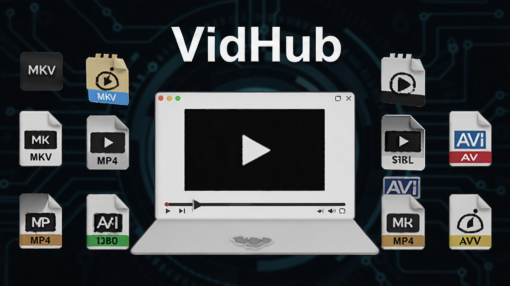 VidHub视频格式兼容性展示图,画面中央是一个打开的播放器界面,周围环绕着各种视频格式的文件图标,如MKV、MP4、AVI,背景为深色科技感,突出