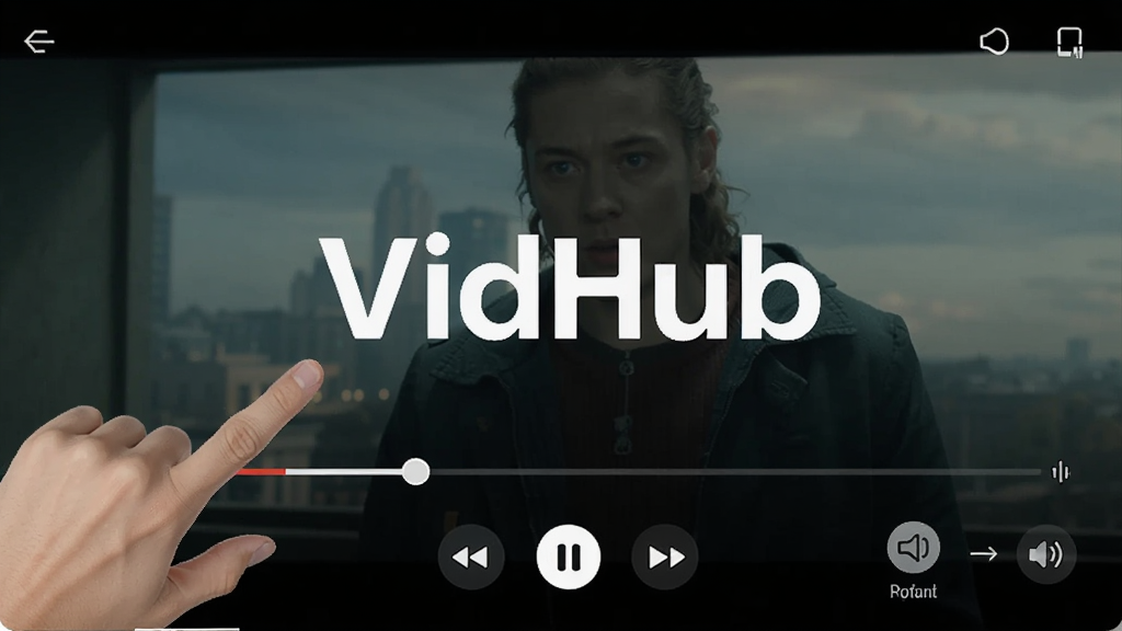 VidHub播放界面操作演示图,展示手势控制调节进度条和音量,屏幕上显示播放控制按钮,背景为电影画面,突出