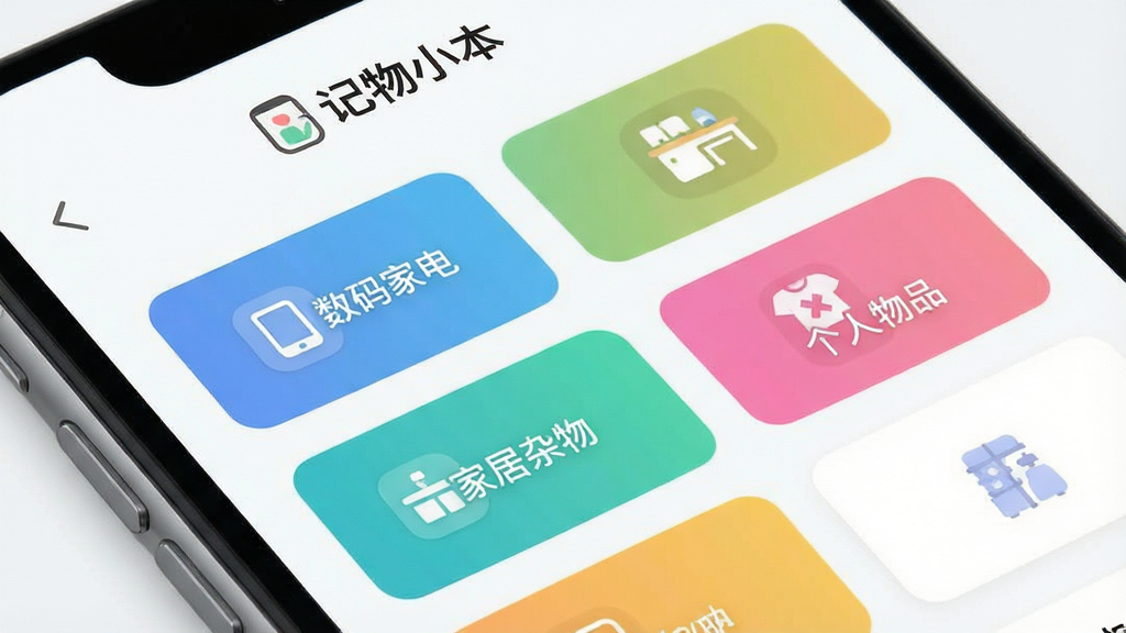一幅展示记物小本APP核心界面的高清截图,主体为一部智能手机屏幕特写,屏幕内显示整洁的物品分类列表,包含“数码家电”、“家居杂物”、“个人物品”等彩色标签图标,布局采用卡片式设计,排版错落有致,风格清新简约,细节上突出APP名称“记物小本”的Logo位于顶部,整体画质细腻明亮,干净无多余元素。