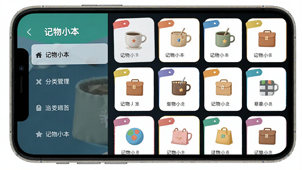 展示记物小本APP分类管理功能的界面设计图,主体为一个手机屏幕,左侧是分类列表导航栏,右侧是带有彩色标签的物品卡片墙,布局采用左右分栏式,排版活泼有序,风格扁平化且色彩明快,细节上能看到“记物小本”字样和各类物品的小图标,画质清晰,干净无多余元素。
