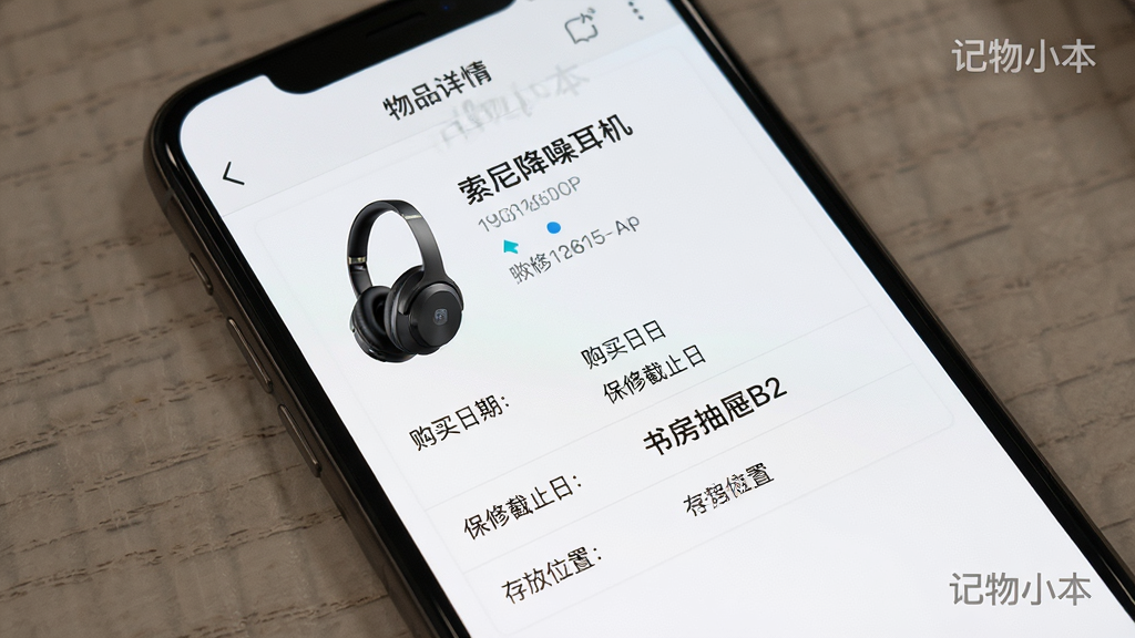 一张展示记物小本APP物品详情页面的图片,主体为手机界面,上面显示一件“索尼降噪耳机”的详细信息,包括产品照片、购买日期、保修截止日、存放位置“书房抽屉B2”等,布局采用清晰的表单样式,排版规整,风格现代简洁,细节处可见“记物小本”水印标识,画质高清,干净无多余元素。