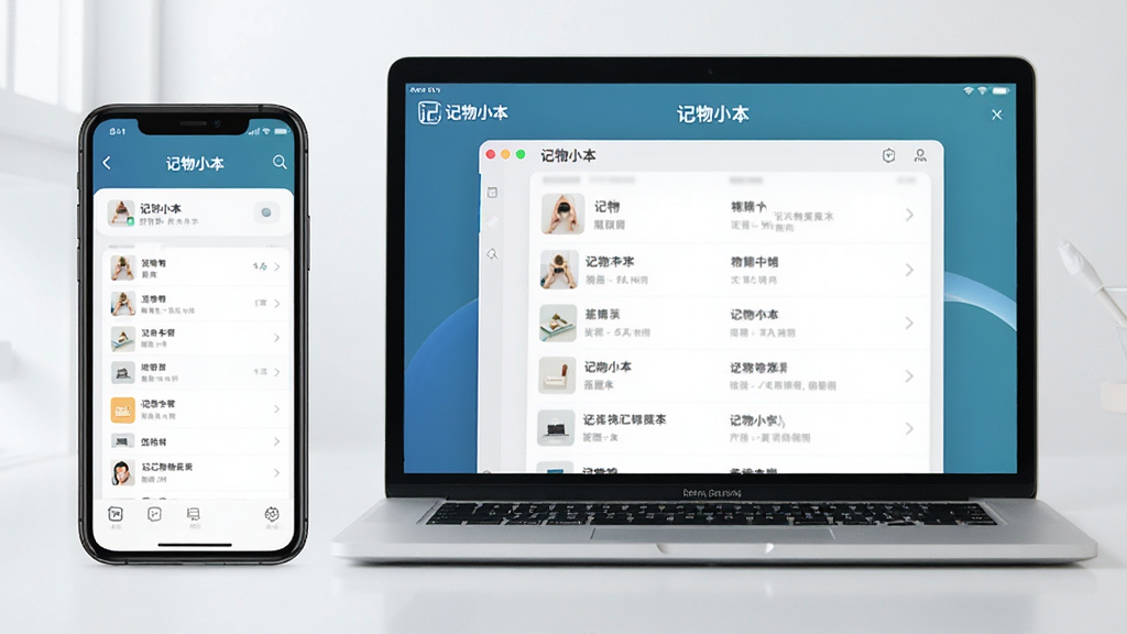 一幅展示记物小本APP在手机和电脑上同步使用的场景图,主体为左边一部手机右边一台笔记本电脑,两者屏幕上都显示着记物小本的物品列表界面,布局为左右对称,排版和谐,风格现代科技感,细节上能看到“记物小本”的Logo在两边屏幕上,画质高清,干净无多余元素。