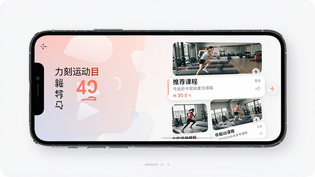 一张展示力刻运动APP在智能手机上运行的界面预览图,主体是APP主屏幕,显示着今日运动目标与推荐课程列表,布局清晰,排版简洁,采用现代扁平化设计风格,细节处展现出高清画质与流畅的UI过渡效果,整体画面干净整洁,无多余元素。