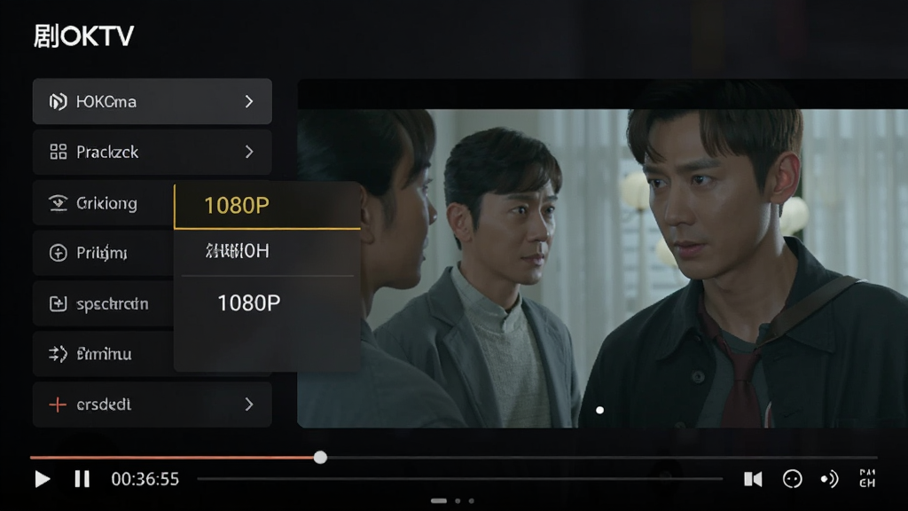 画面主体为“剧OKTV”播放界面暂停状态,展示1080P清晰度选项菜单。布局为16:9视频画面,左侧是清晰度列表,右侧是影视剧照。风格为高清截屏风格,细节包括播放进度条、时间显示、倍速播放按钮,整体色调偏暗突出视频内容,画质锐利,干净无多余元素。