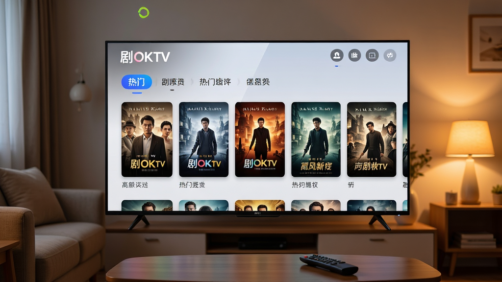 画面主体为“剧OKTV”软件界面在55寸大屏电视上展示热门影视海报墙,背景是温馨的客厅环境,沙发与暖光台灯。布局采用居中对称,电视屏幕为视觉中心,界面显示分类导航栏与横向海报卡片。排版风格干净整洁,海报错落有致,突出“剧OKTV”品牌Logo位于屏幕左上角。风格为写实摄影,细节包括电视屏幕反光、遥控器置于茶几,画质高清细腻,干净无多余元素。
