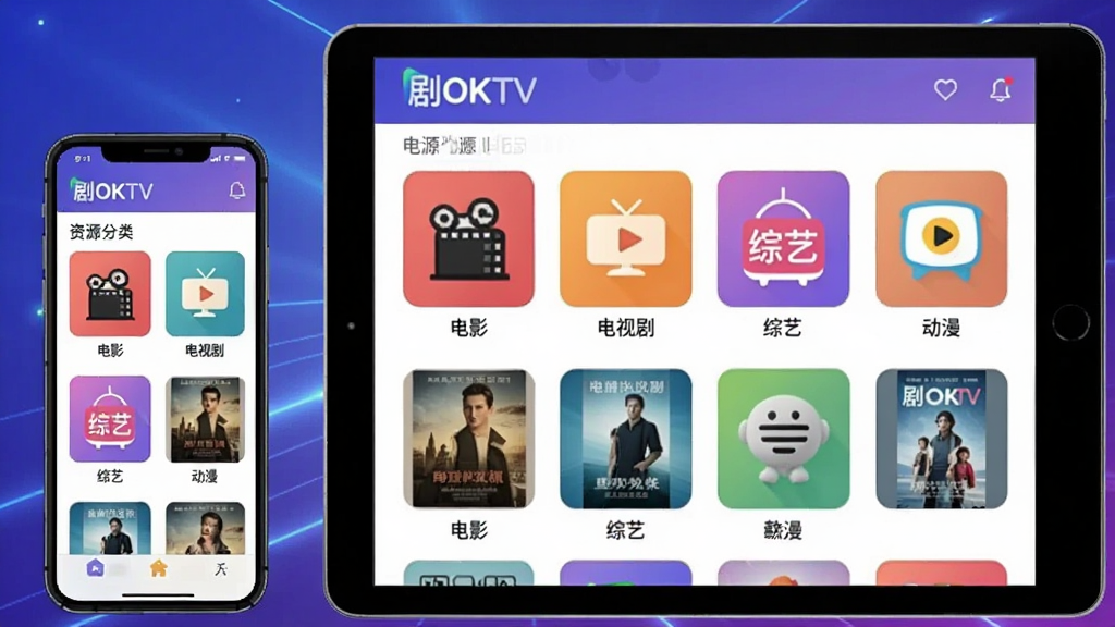 主视觉为智能手机与平板并排展示“剧OKTV”资源分类界面,画面中央是放大的网格布局,显示“电影”、“电视剧”、“综艺”、“动漫”彩色图标。背景为渐变蓝紫色科技感光效,主体突出,排版采用左右对称,风格扁平化插画,细节包括每个分类图标上的微型海报缩略图,画质清晰,干净无多余元素。