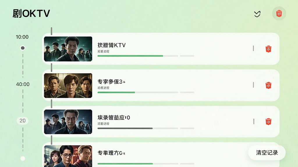 画面主体为“剧OKTV”播放记录页面,以时间线形式展示最近观看的影片封面。背景为柔和的浅绿色渐变,排版采用列表式布局,每个条目包含影片缩略图、名称、观看进度条。风格为清爽的UI设计,细节包括删除按钮、清空记录选项,画质高清,干净无多余元素。