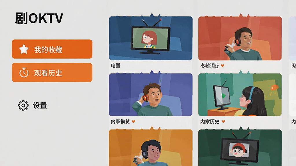 主题为“剧OKTV”在电视端的主界面,左侧为竖排功能菜单,右侧为内容推荐瀑布流。整体风格为矢量大色块,背景为浅灰色,菜单高亮为橙色。排版为左右结构,细节包括“我的收藏”、“观看历史”、“设置”图标,画面干净整洁,无多余元素。